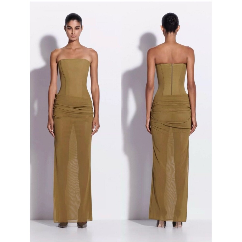 NEW Ales Perry Sheer strapless corset gown in Olive Green Draped Maxi dress, US6